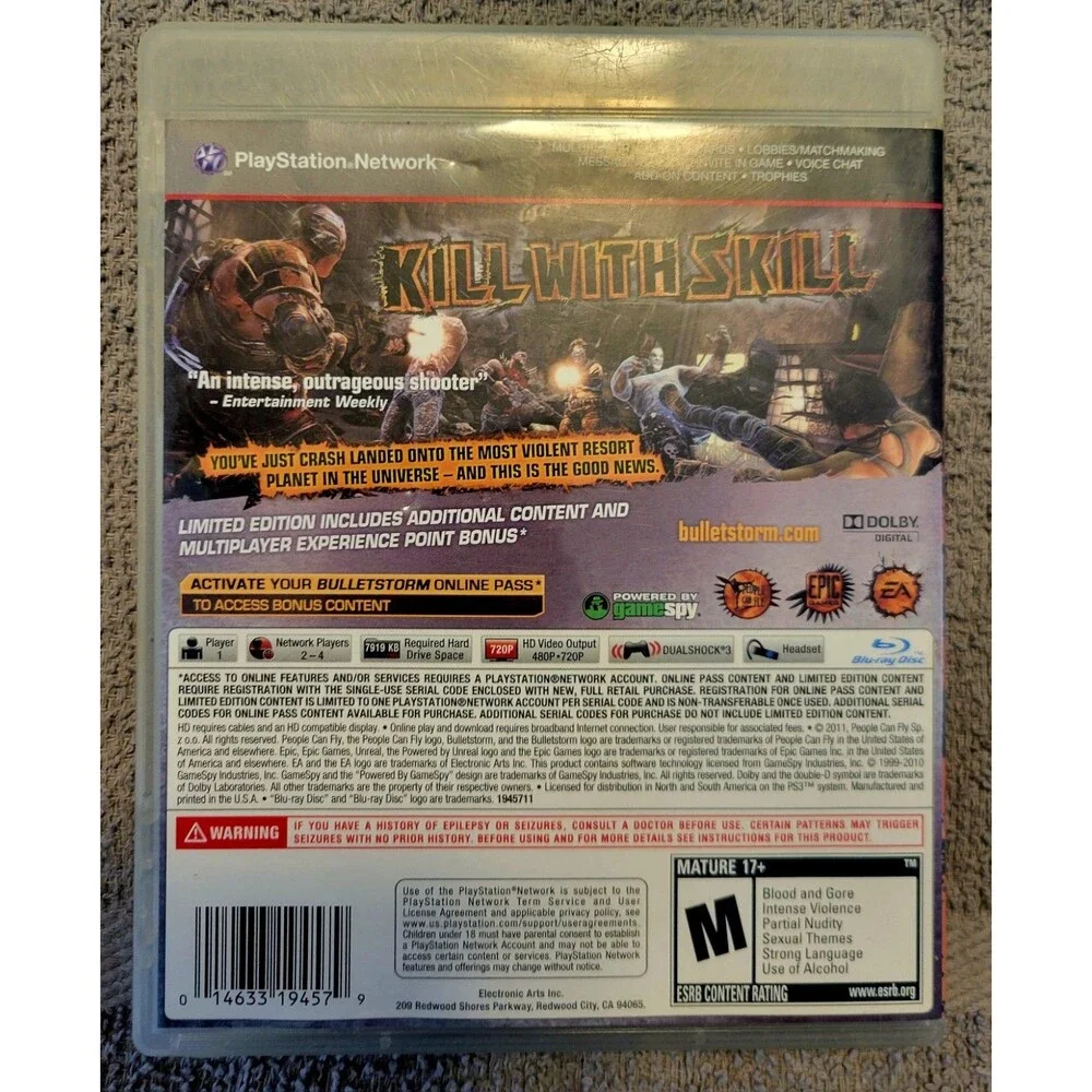 Sony PlayStation 3 PS3: BULLETSTORM LIMITED EDITION, CIB, MANUAL,TESTED &WORKING
